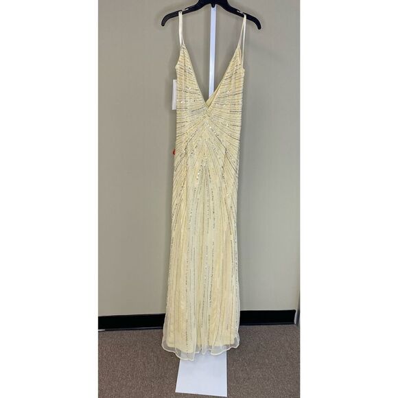Mac Duggal NWT Beaded Sleeveless Faux Wrap Gown in Buttercream Size 12 - Picture 8 of 9